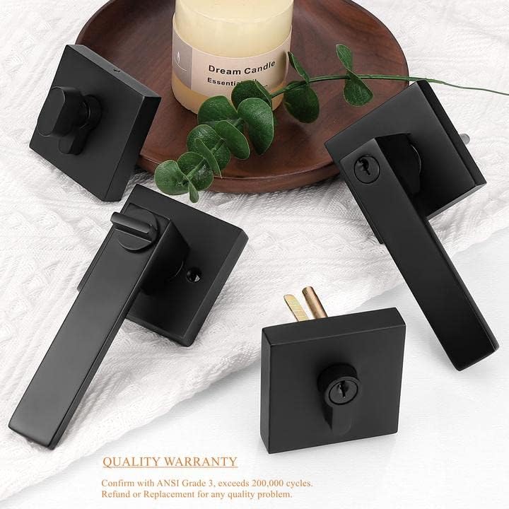 Probrico Square Entry Levers and Single Cylinder Deadbolts Combo Pack Flat Black Reversible Door Hardware Set