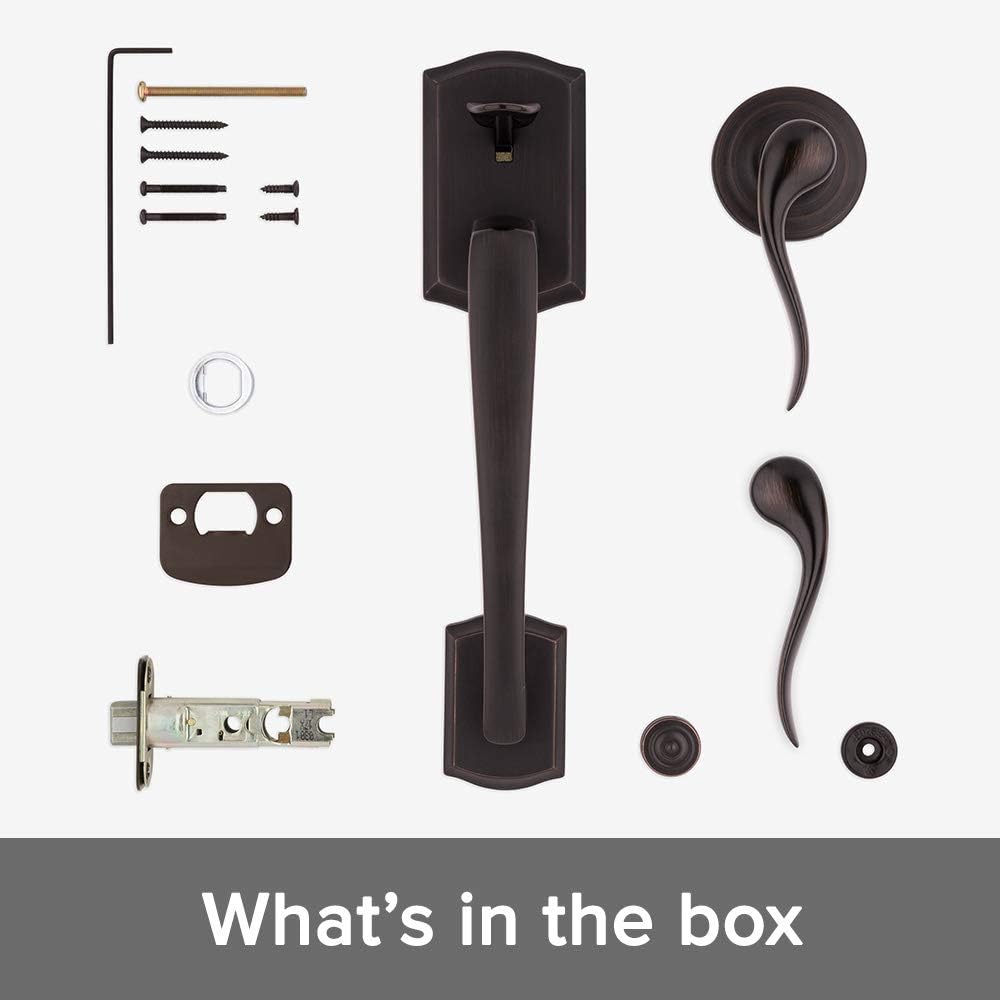 Kwikset Prescott Front Door Handle Set with Reversible Lever Non-Locking Venetian Bronze