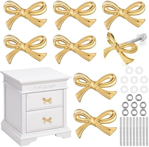 8-Piece Metal Bow Knobs for Drawers and Cabinets Gold Tone Vintage Design Durable and Elegant