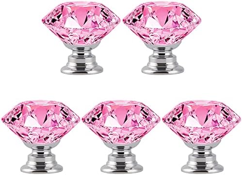 5-Piece Crystal Cabinet Knobs - 30mm Pink Crystal knobs for drawers dressers kitchen and more