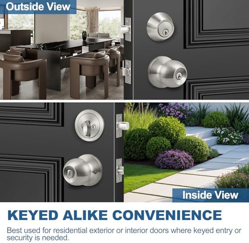 BestTEN Keyed Alike Door knobs and Deadbolt Set SATIN Nickel Finish - Easy Install Secure