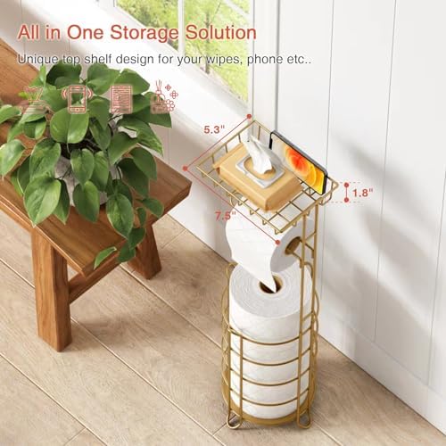 Gold Free Standing Toilet Paper Holder with Storage for Phones and Wipes