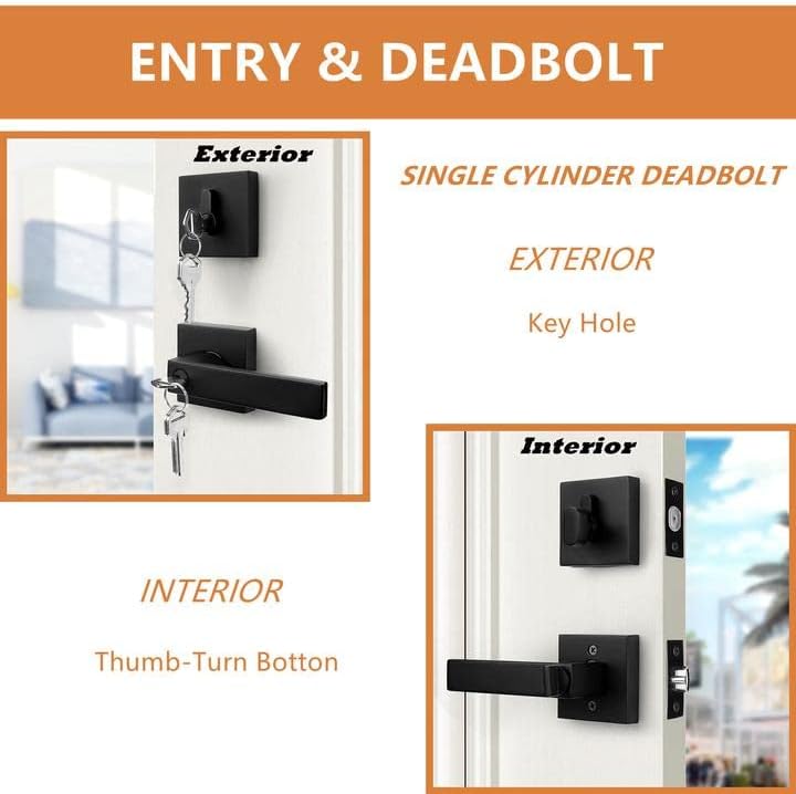 Probrico Square Entry Levers and Single Cylinder Deadbolts Combo Pack Flat Black Reversible Door Hardware Set
