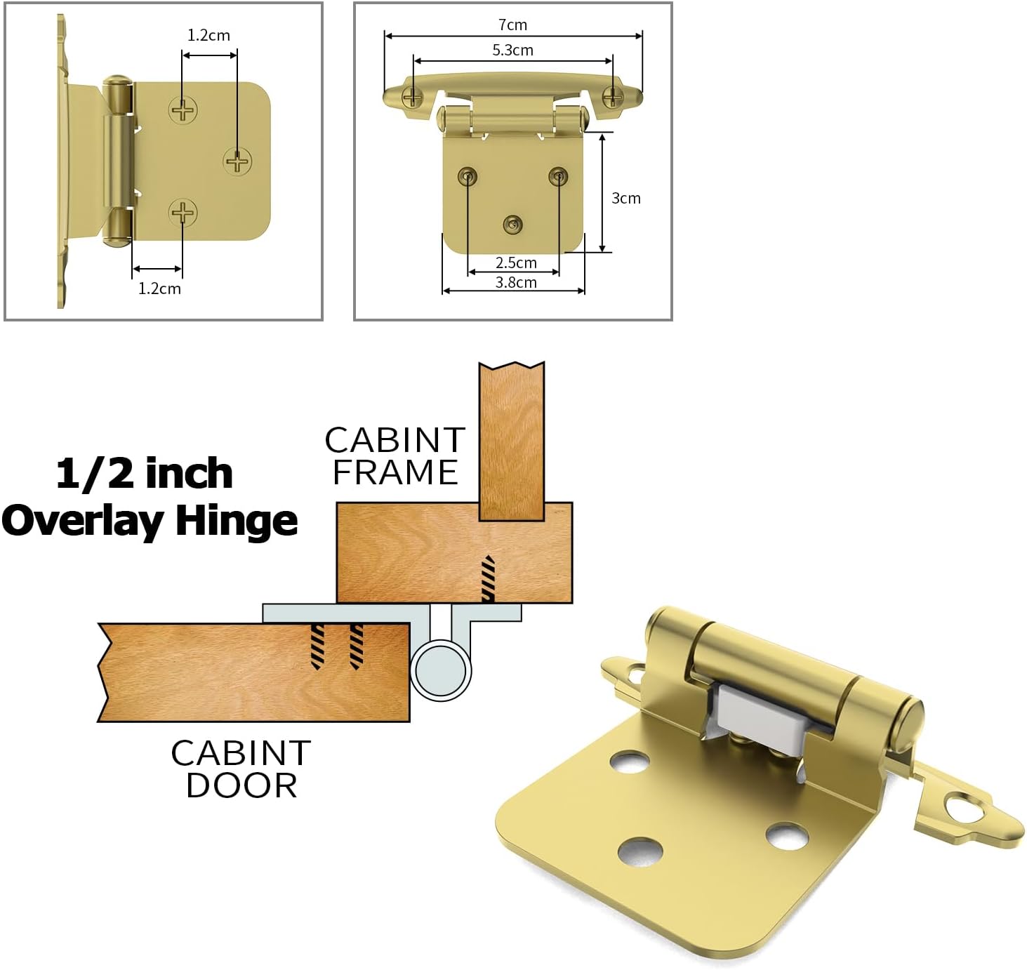 Premium 12 Overlay Hinges 50-Pack Self-Closing Flush Mount Hinges with Door Bumper Brass Gold