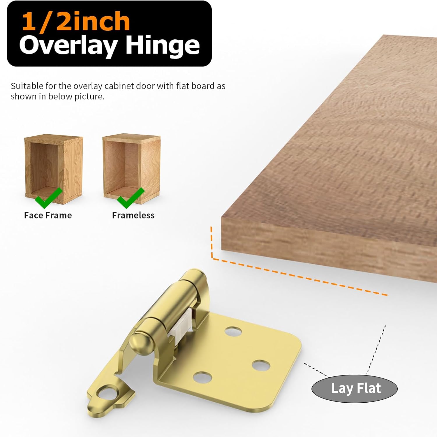 Premium 12 Overlay Hinges 50-Pack Self-Closing Flush Mount Hinges with Door Bumper Brass Gold