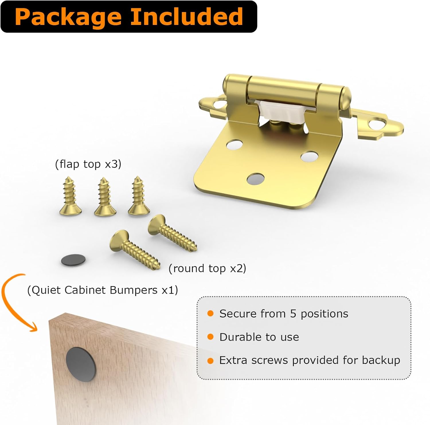 Premium 12 Overlay Hinges 50-Pack Self-Closing Flush Mount Hinges with Door Bumper Brass Gold