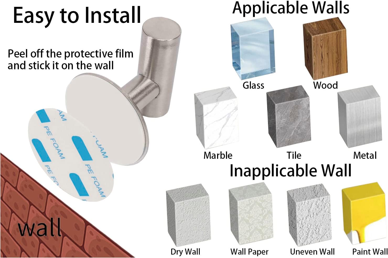 Quick Installation Strong Durable Bath Towel Hook 304 Stainless Steel Self-Adhesive No Drilling 3 Pack