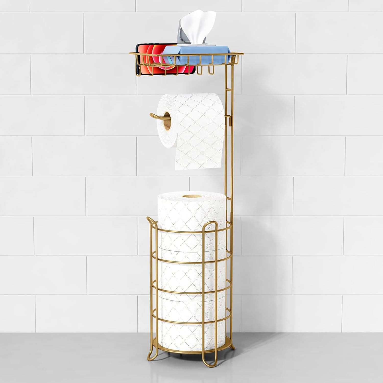 Gold Free Standing Toilet Paper Holder with Storage for Phones and Wipes