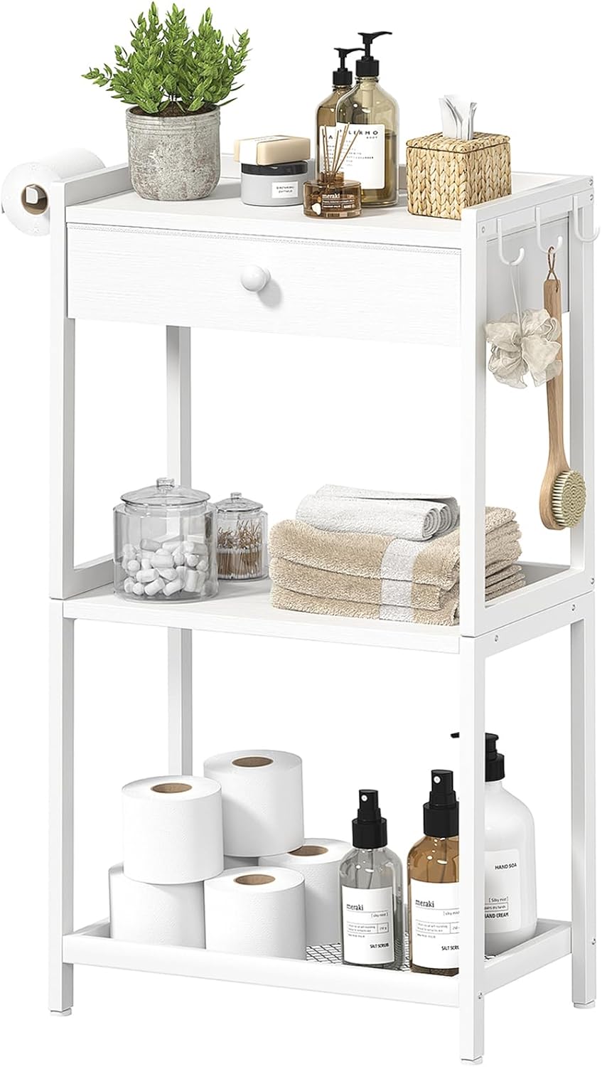 White Bathroom Standing Shelf with Fabric Drawer Compact Storage for Your Washroom
