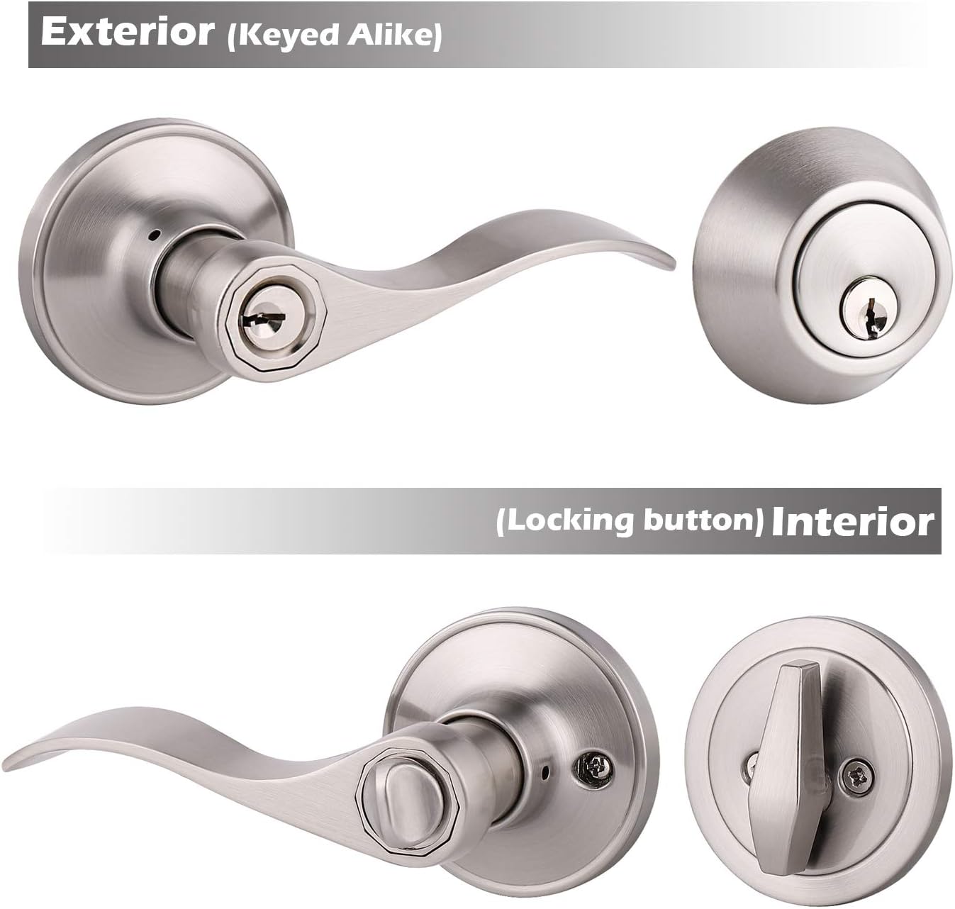 Front Door Door Lever Lock Set Zinc Alloy SATIN Nickel Keyed Entry Easy Install