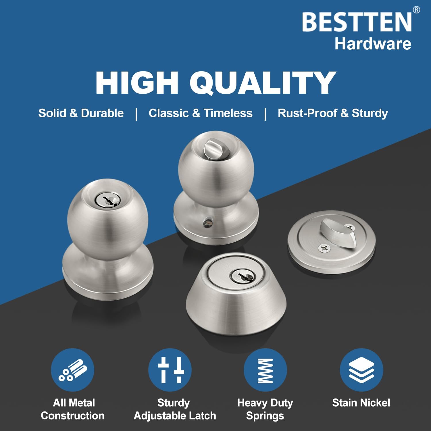 BestTEN Keyed Alike Door knobs and Deadbolt Set SATIN Nickel Finish - Easy Install Secure