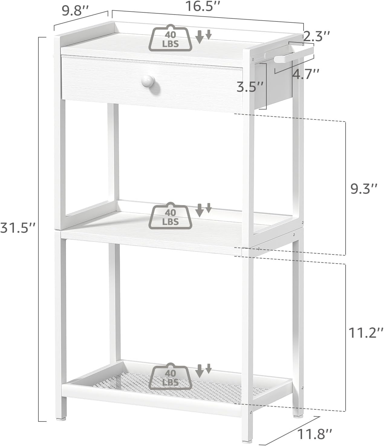 White Bathroom Standing Shelf with Fabric Drawer Compact Storage for Your Washroom