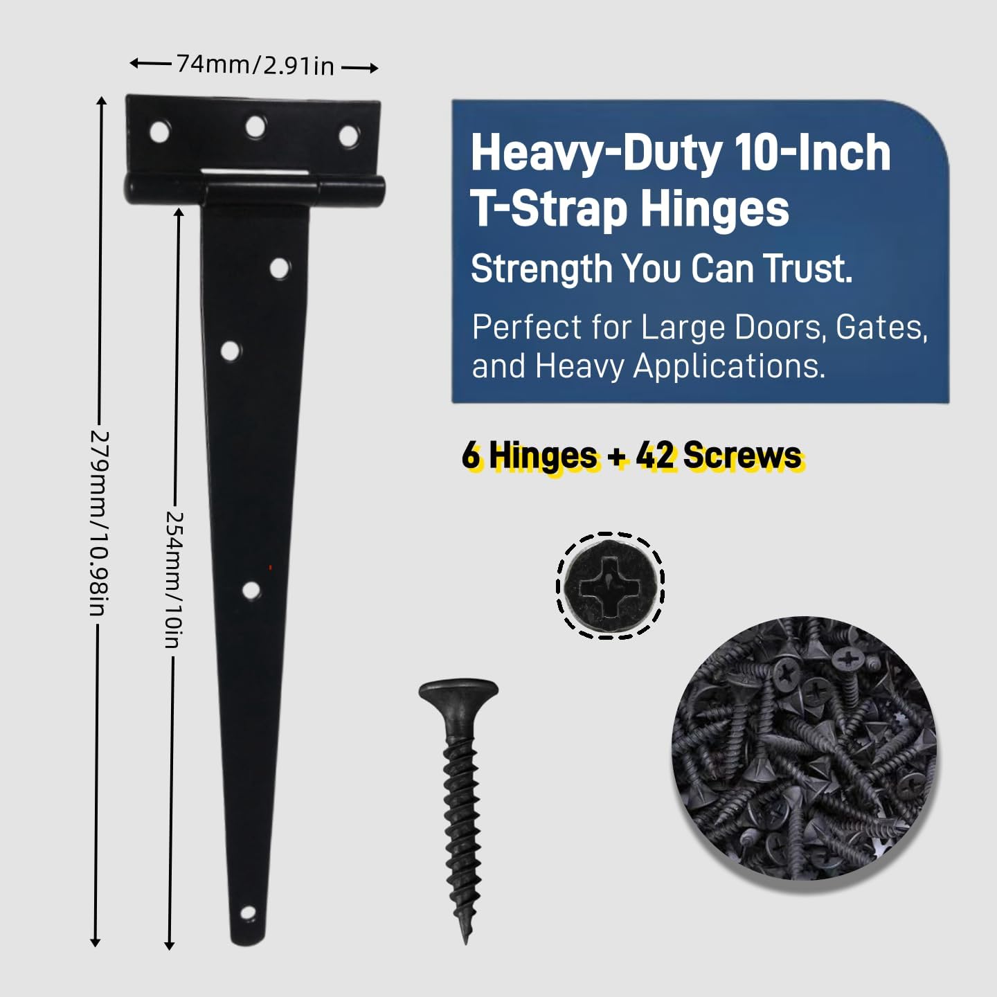 6-Piece Set of 10 Heavy Duty T Hinges with Rust-Proof Black Finish Perfect for Barn Shed and Gate Doors