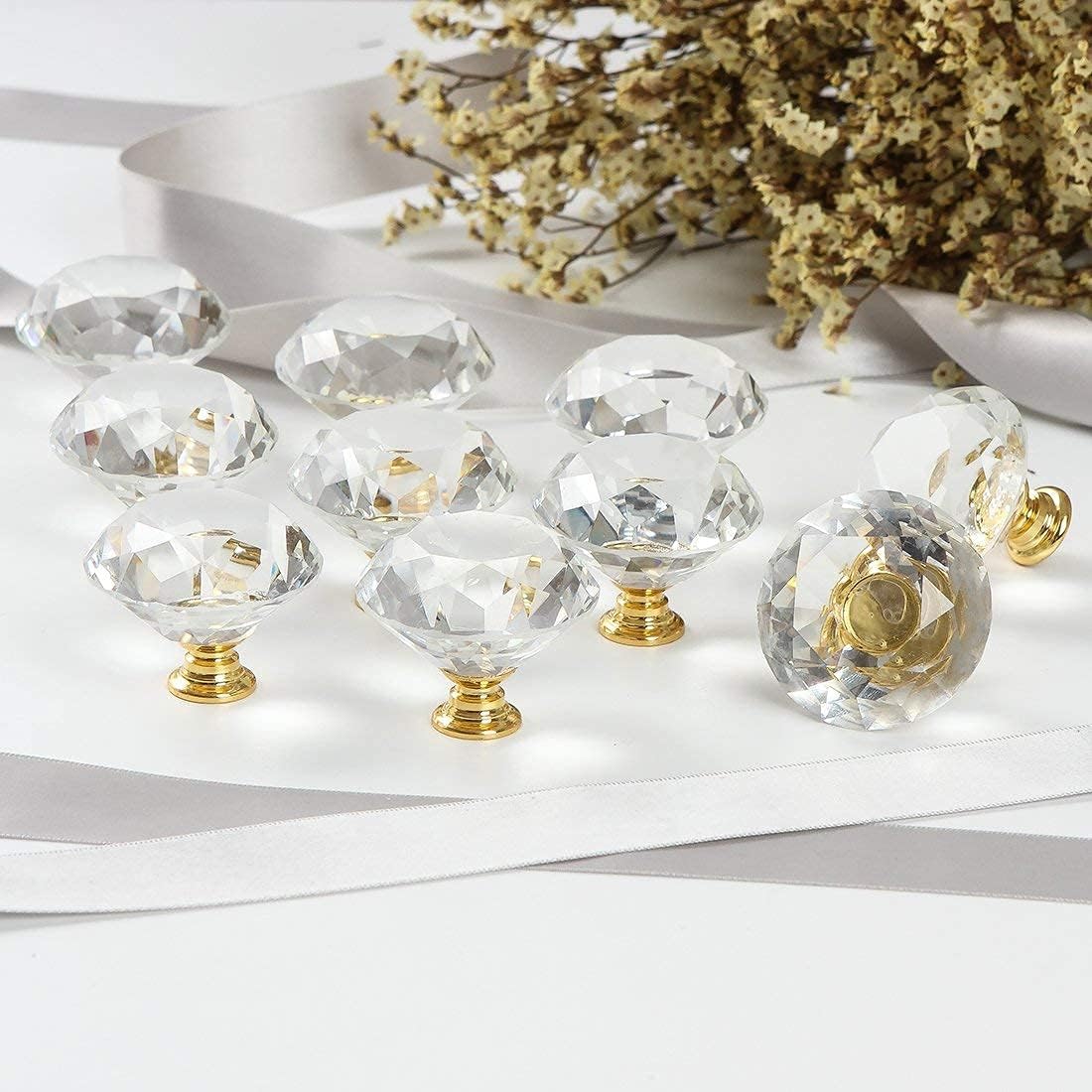 10-Piece Diamond Crystal Glass Pull Handle Cabinet Knobs Aluminum Chrome Plated Waterproof Durable