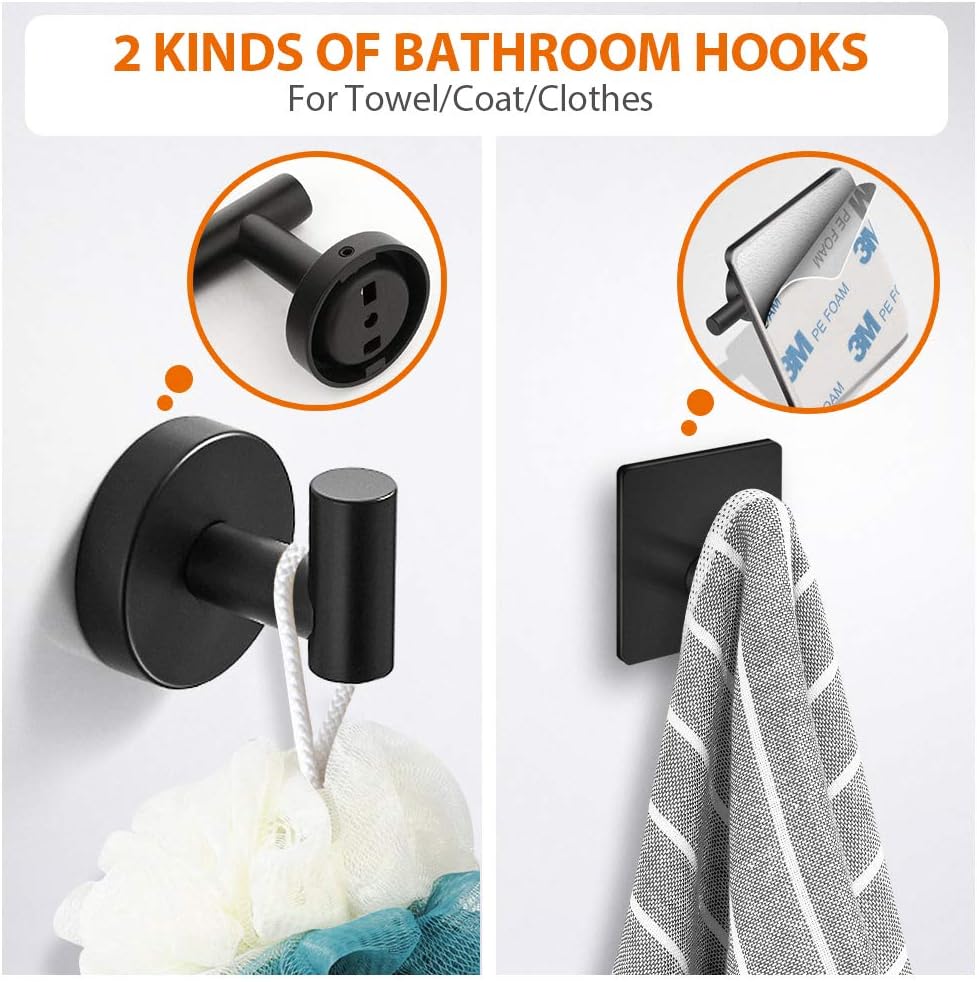 5-Piece Bathroom Hardware Set with Stainless Steel towel bar paper holder 3 Robe hooks