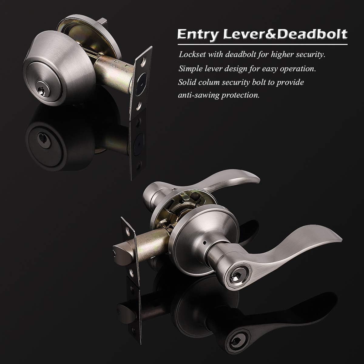 Front Door Door Lever Lock Set Zinc Alloy SATIN Nickel Keyed Entry Easy Install