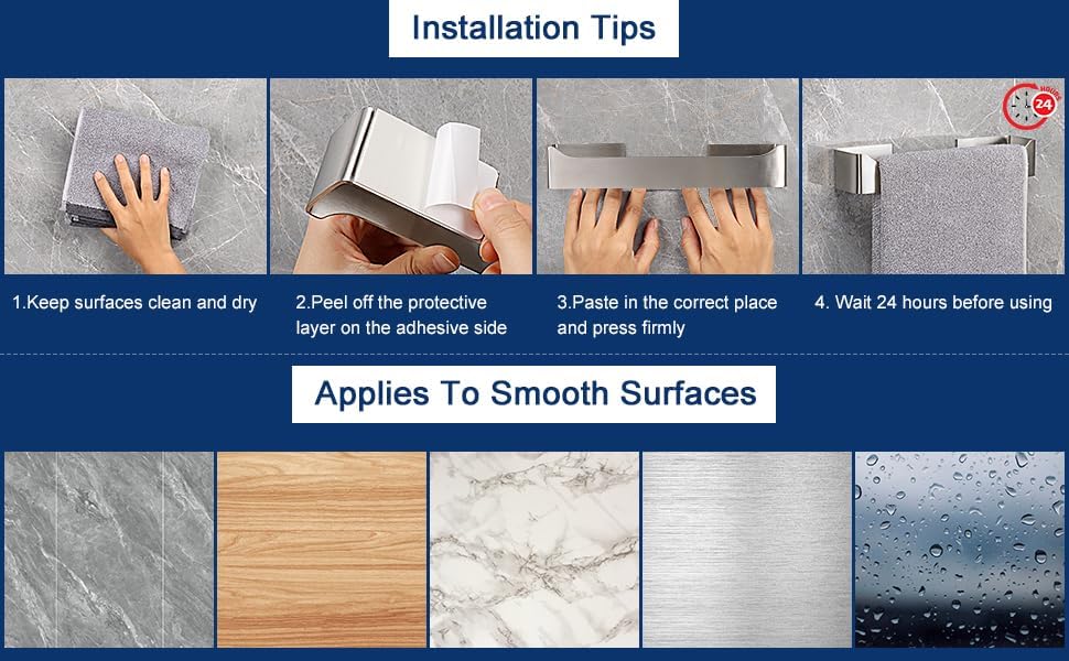 NearMoon Self-Adhesive Hand Towel Holder Stainless Steel Rustproof Stick-On Towel Rack for Bathroom Kitchen