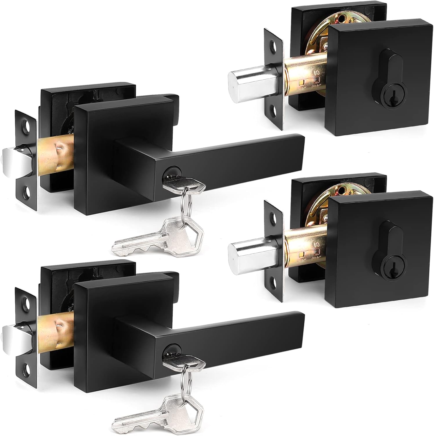 Probrico Square Entry Levers and Single Cylinder Deadbolts Combo Pack Flat Black Reversible Door Hardware Set