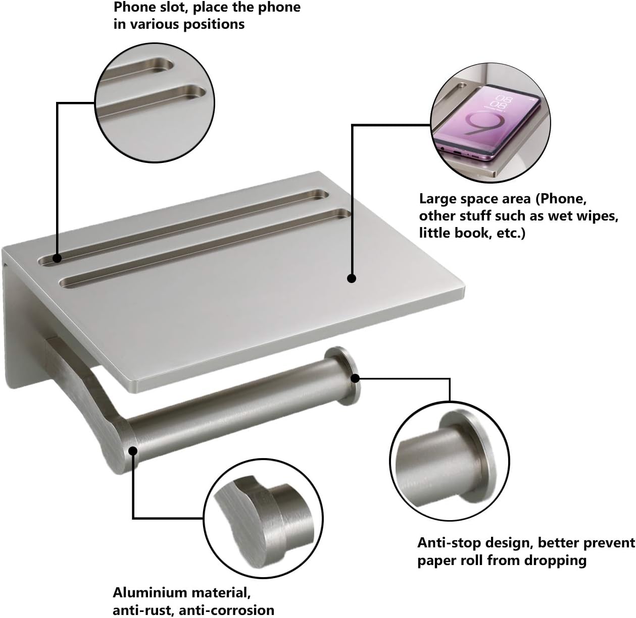 Homely Trove SmartHome Toilet Paper Holder With Shelf Aluminum Tissue Roll Organizer For Modern Bathroom