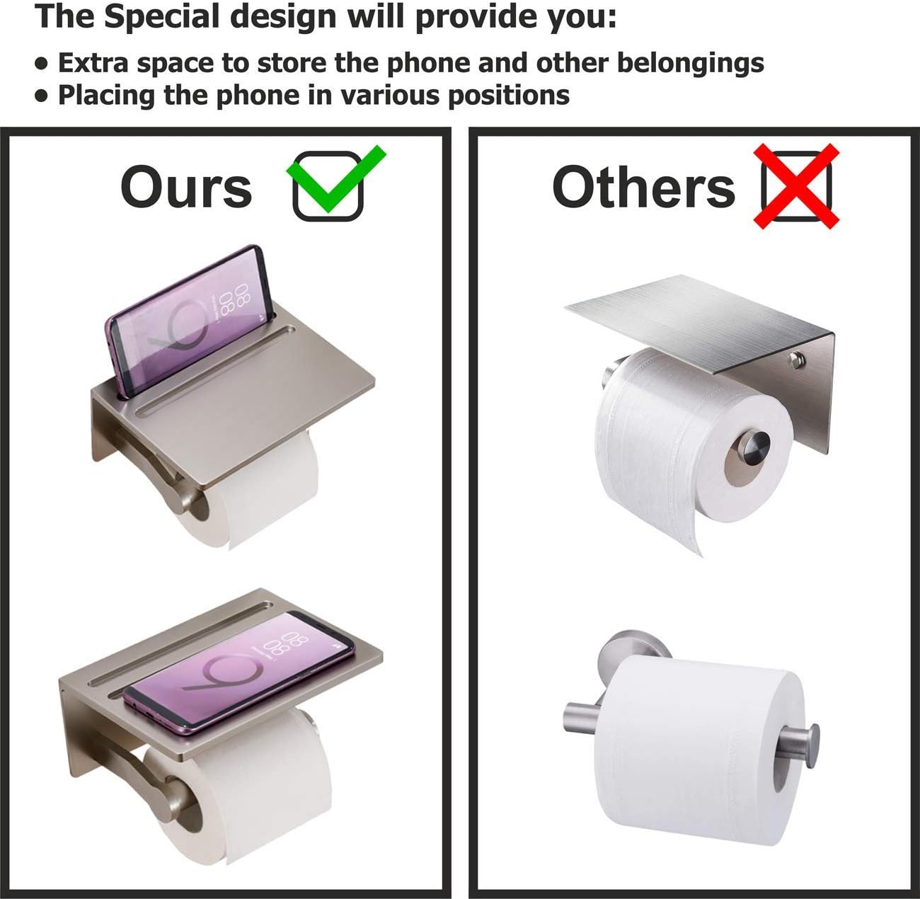 Homely Trove SmartHome Toilet Paper Holder With Shelf Aluminum Tissue Roll Organizer For Modern Bathroom