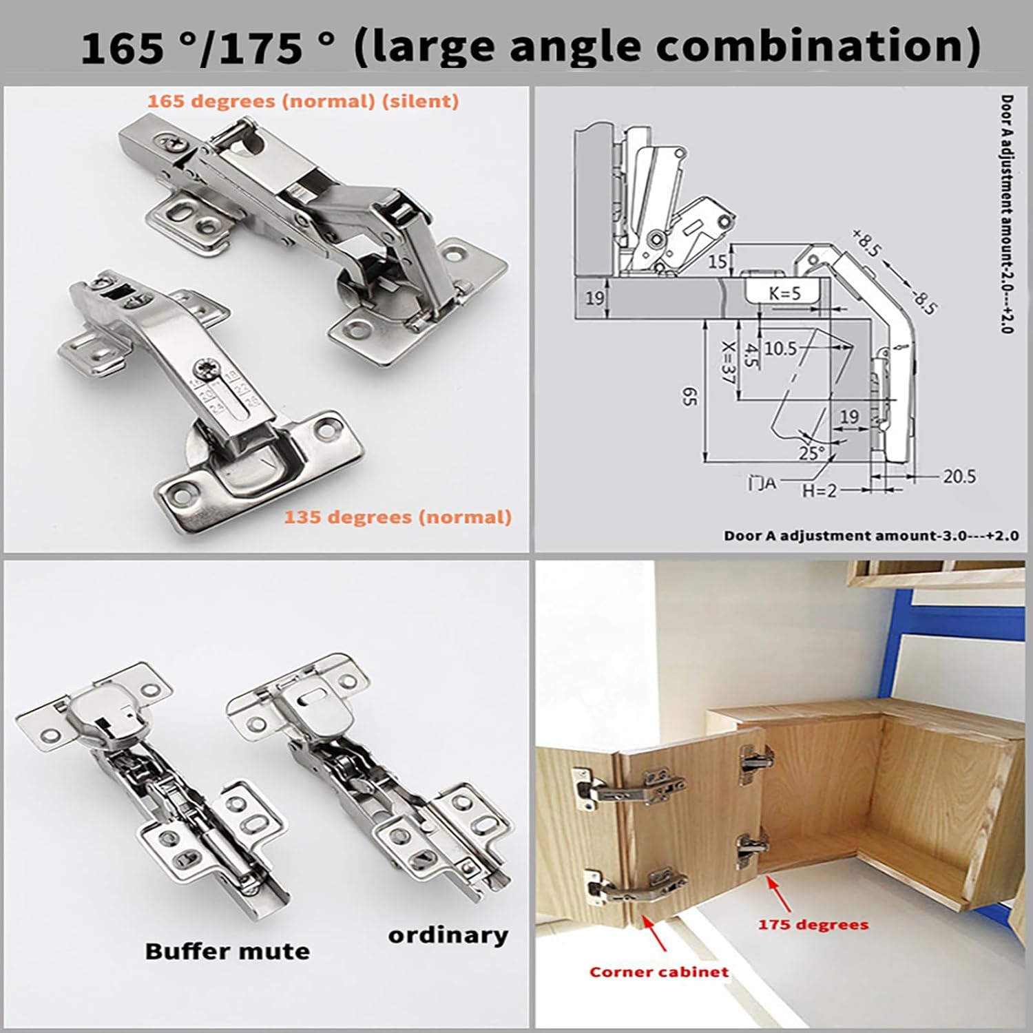165-Degree 2-Piece Hinges for Cabinet Corners Kitchen Doors