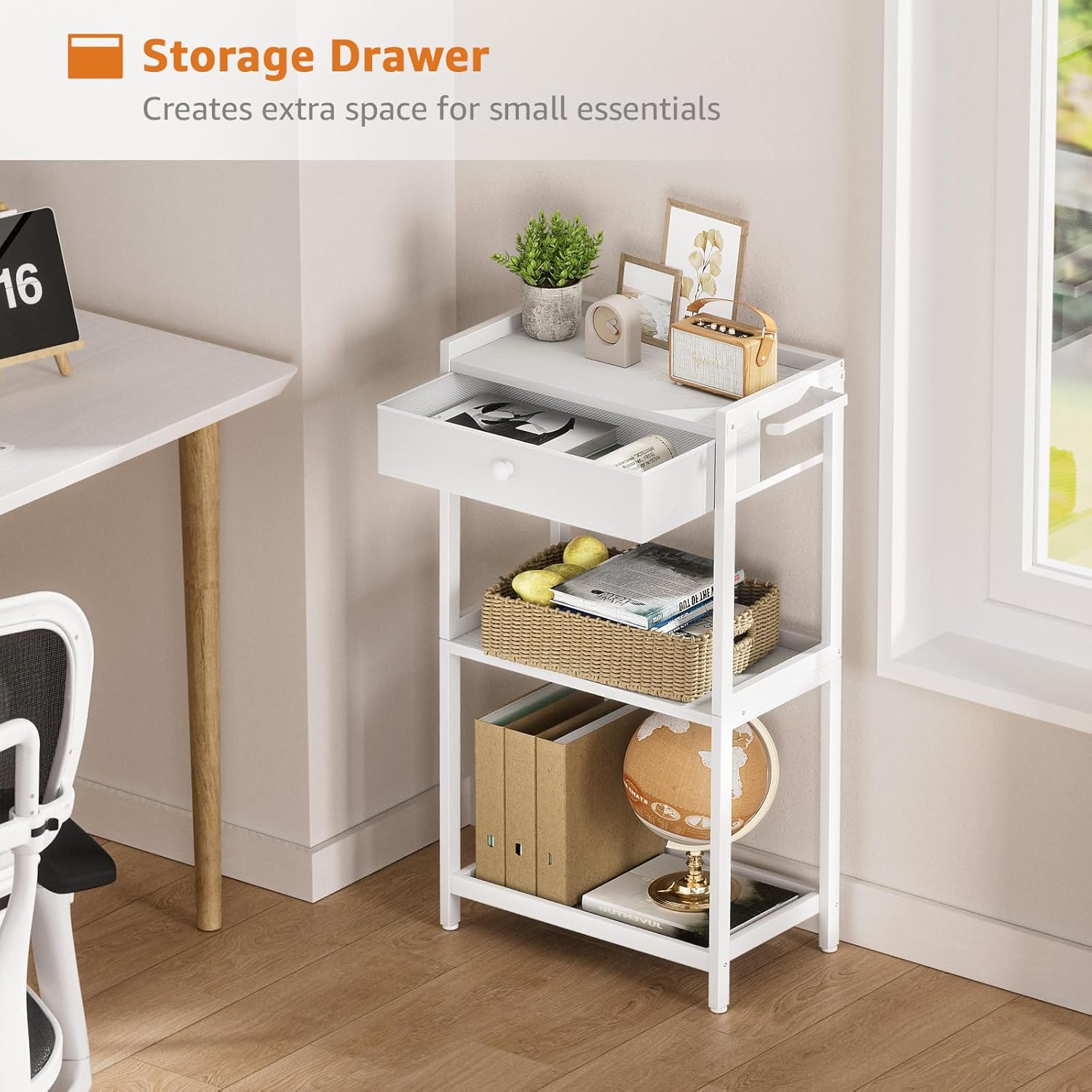 White Bathroom Standing Shelf with Fabric Drawer Compact Storage for Your Washroom