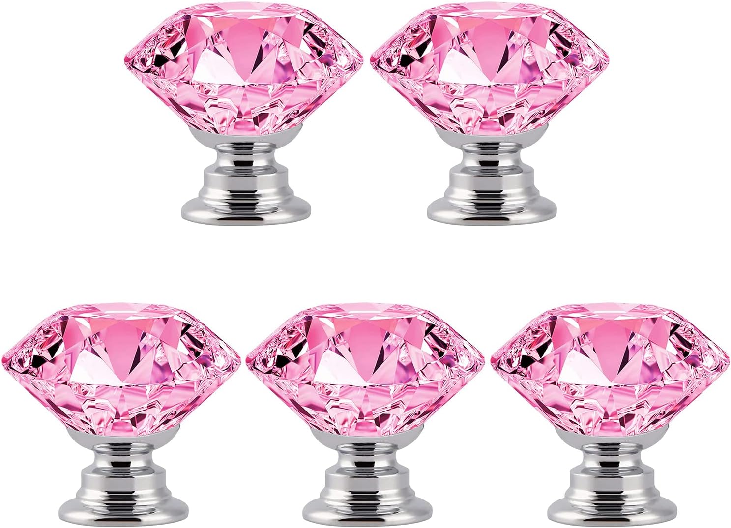 5-Piece Crystal Cabinet Knobs - 30mm Pink Crystal knobs for drawers dressers kitchen and more