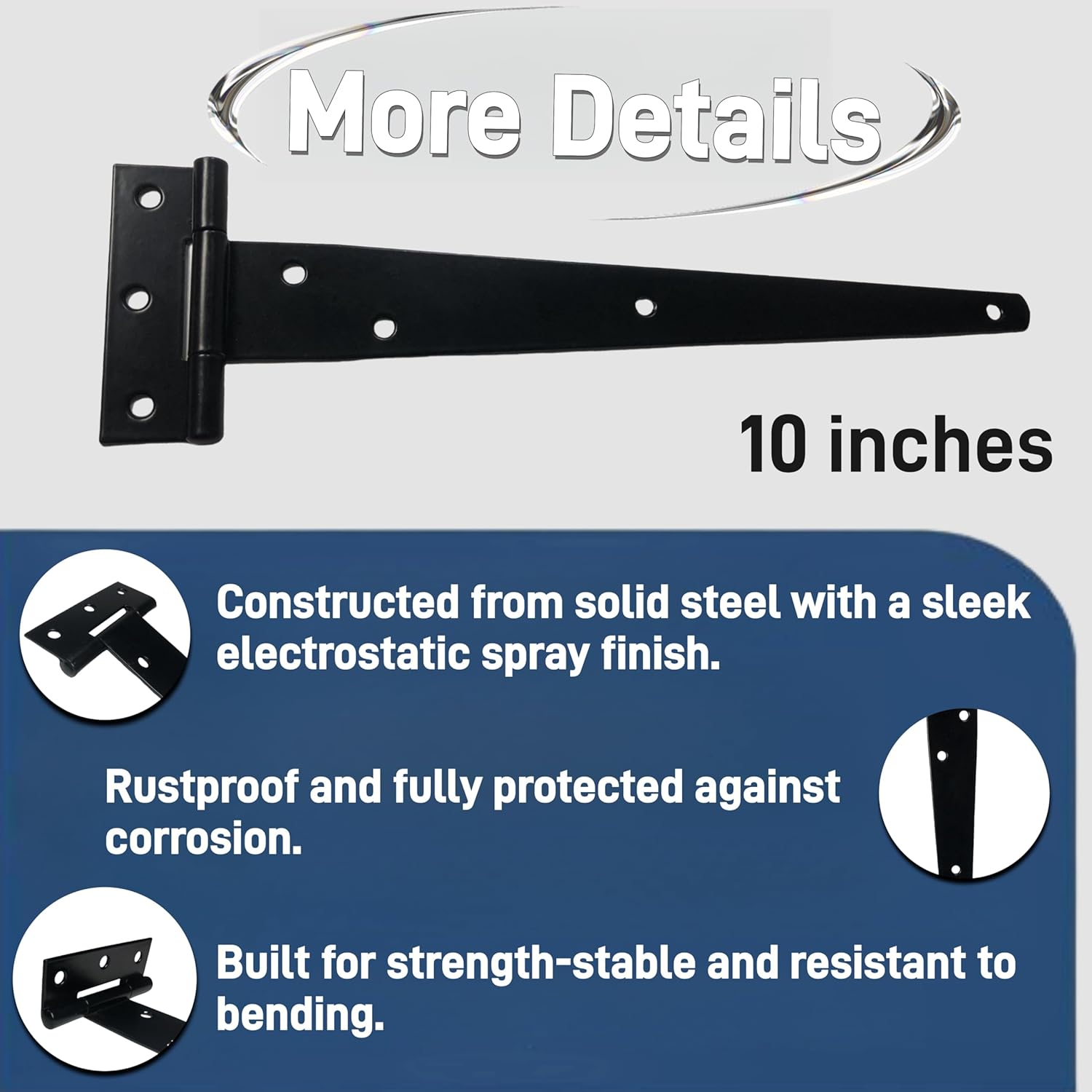 6-Piece Set of 10 Heavy Duty T Hinges with Rust-Proof Black Finish Perfect for Barn Shed and Gate Doors