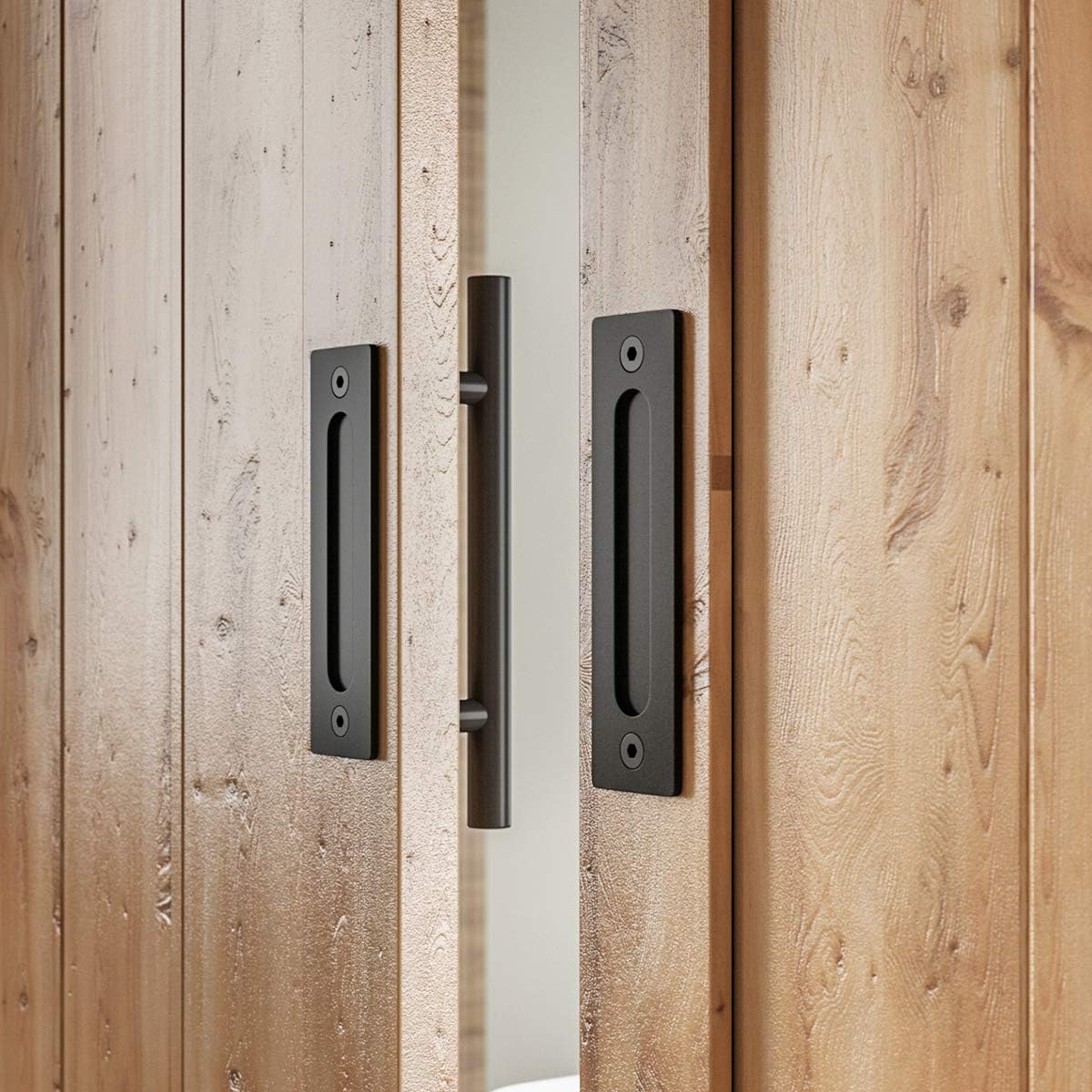 2-Piece Rustic Solid 12 Pull and Flush Barn Door Handles Set for Gates Garages Sheds Black Durable Steel