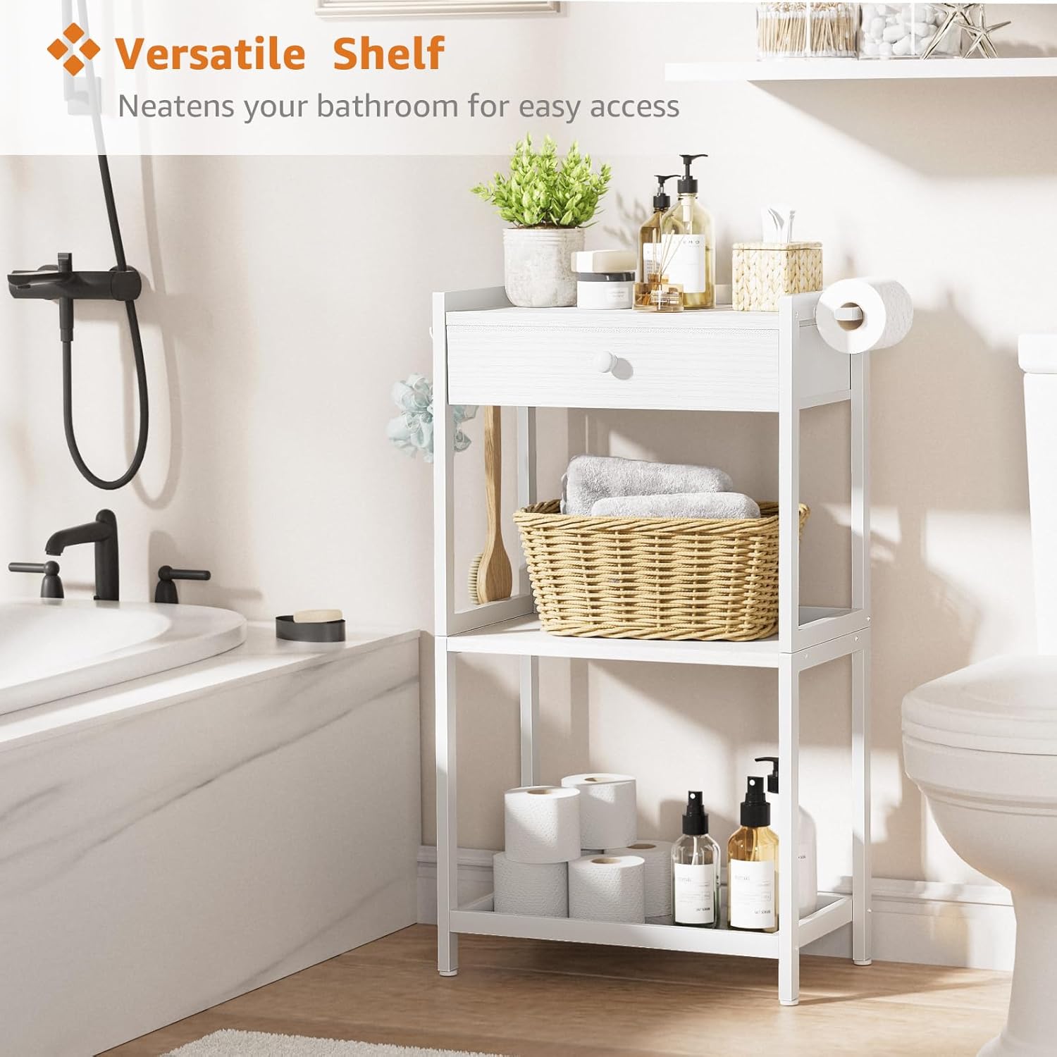 White Bathroom Standing Shelf with Fabric Drawer Compact Storage for Your Washroom