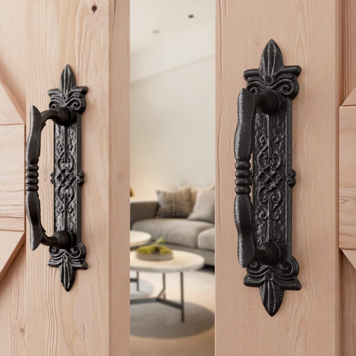 SmartStandard Heavy Duty Door Handle Set Rustic Barn Door Pull For Gates Garages Black
