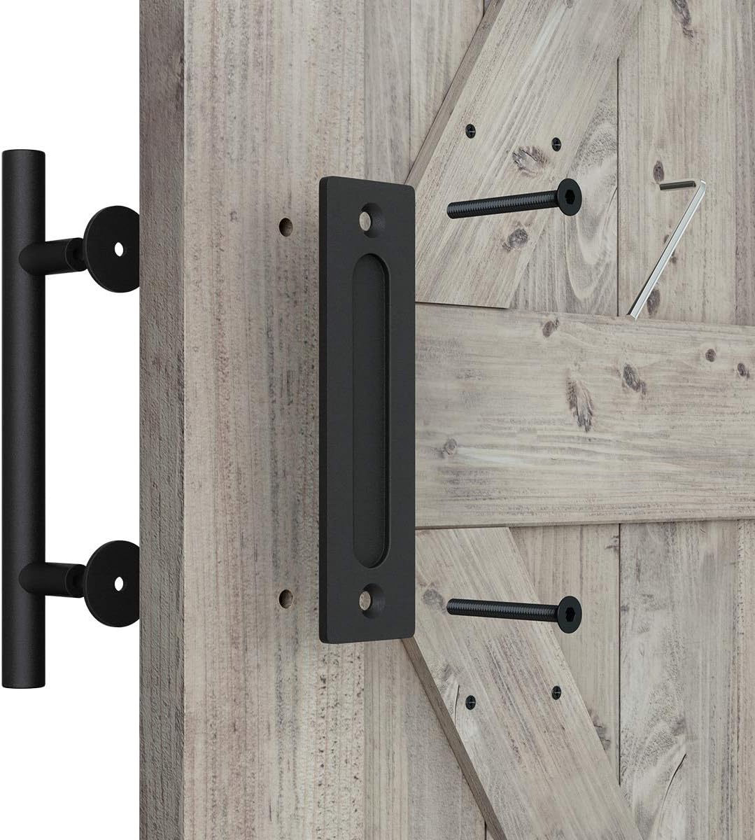 2-Piece Rustic Solid 12 Pull and Flush Barn Door Handles Set for Gates Garages Sheds Black Durable Steel