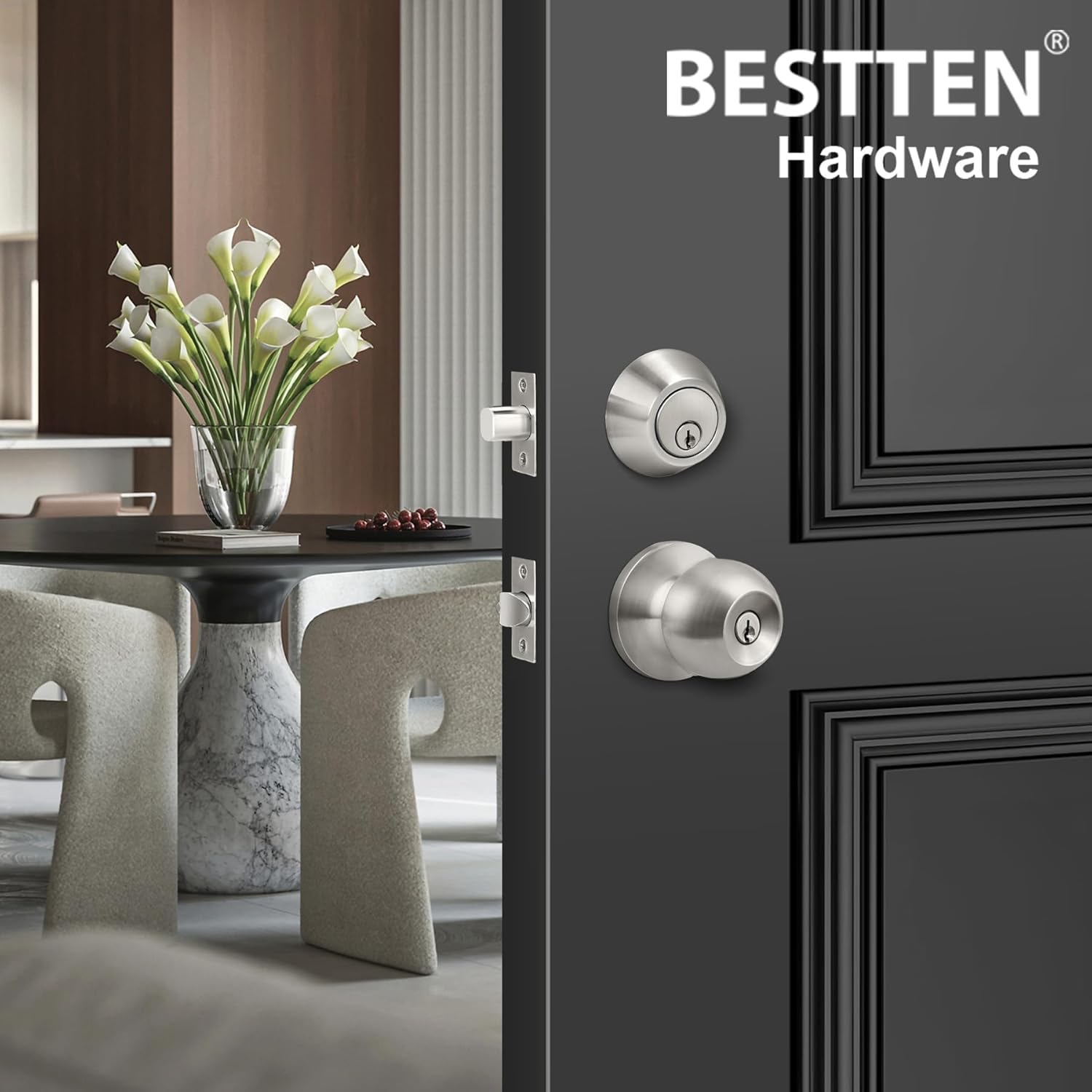 BestTEN Keyed Alike Door knobs and Deadbolt Set SATIN Nickel Finish - Easy Install Secure