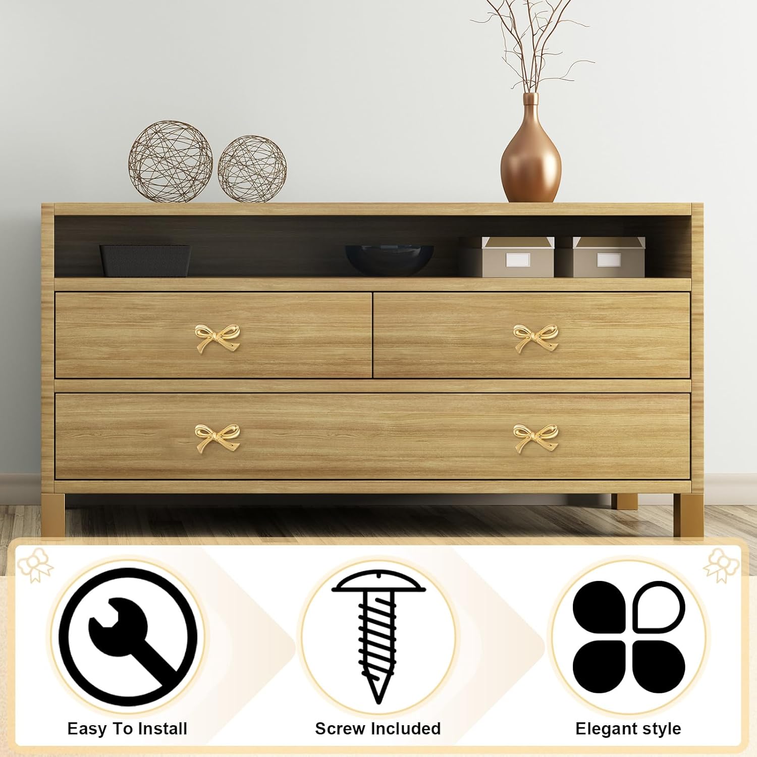 8-Piece Metal Bow Knobs for Drawers and Cabinets Gold Tone Vintage Design Durable and Elegant