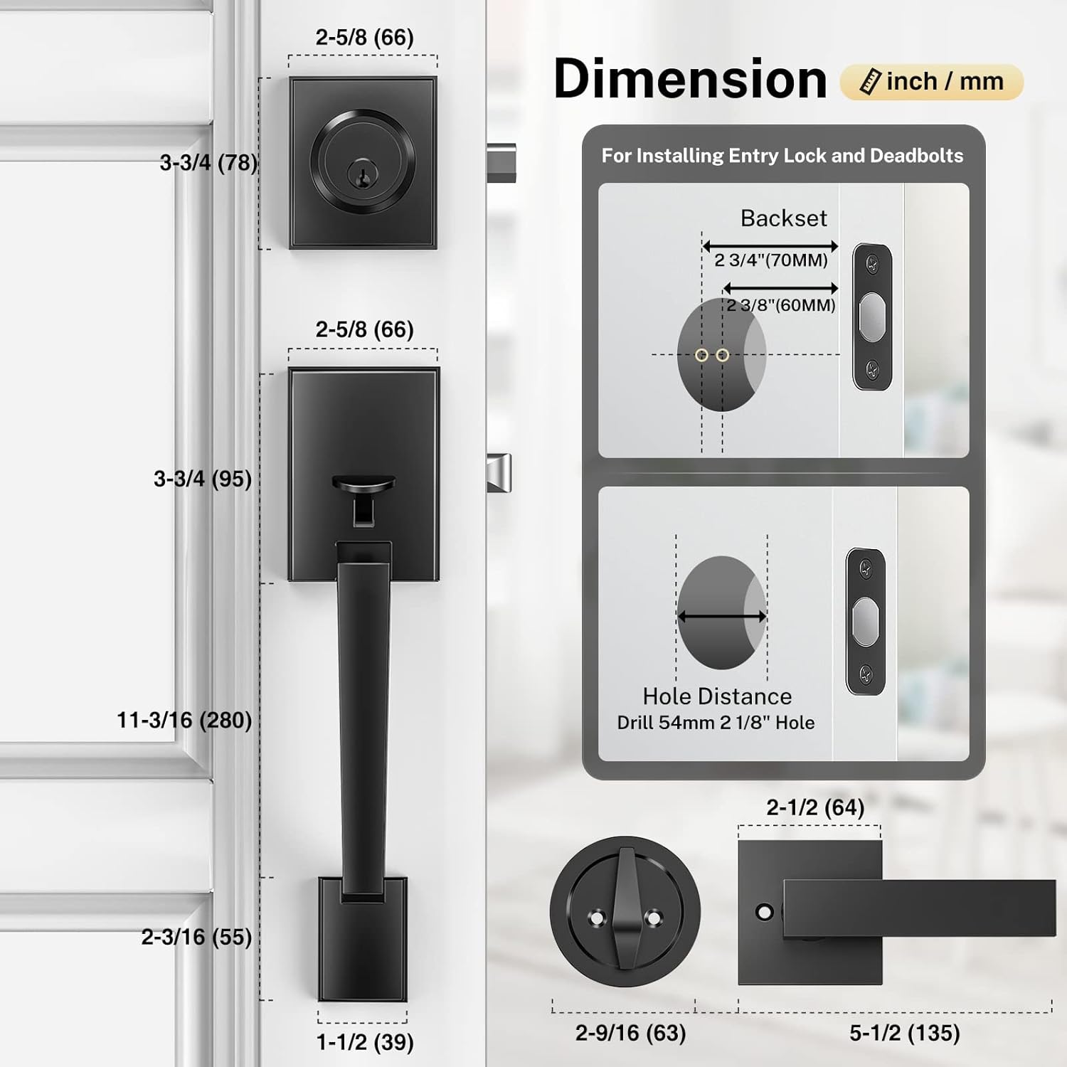 Brightify Matte Black Adjustable Door Handle Set with Reversible Lever for LeftRight Doors