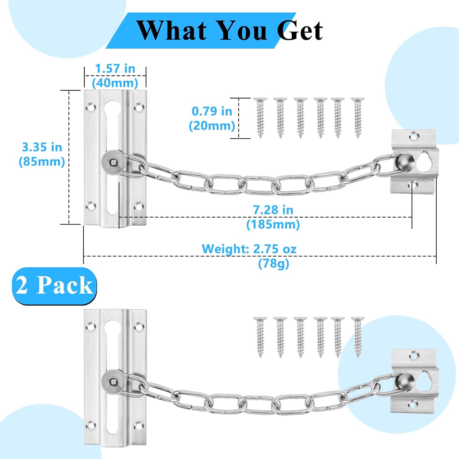 2-Package Door Chain Lock Stainless Steel Door Lock Set with 12 Screws