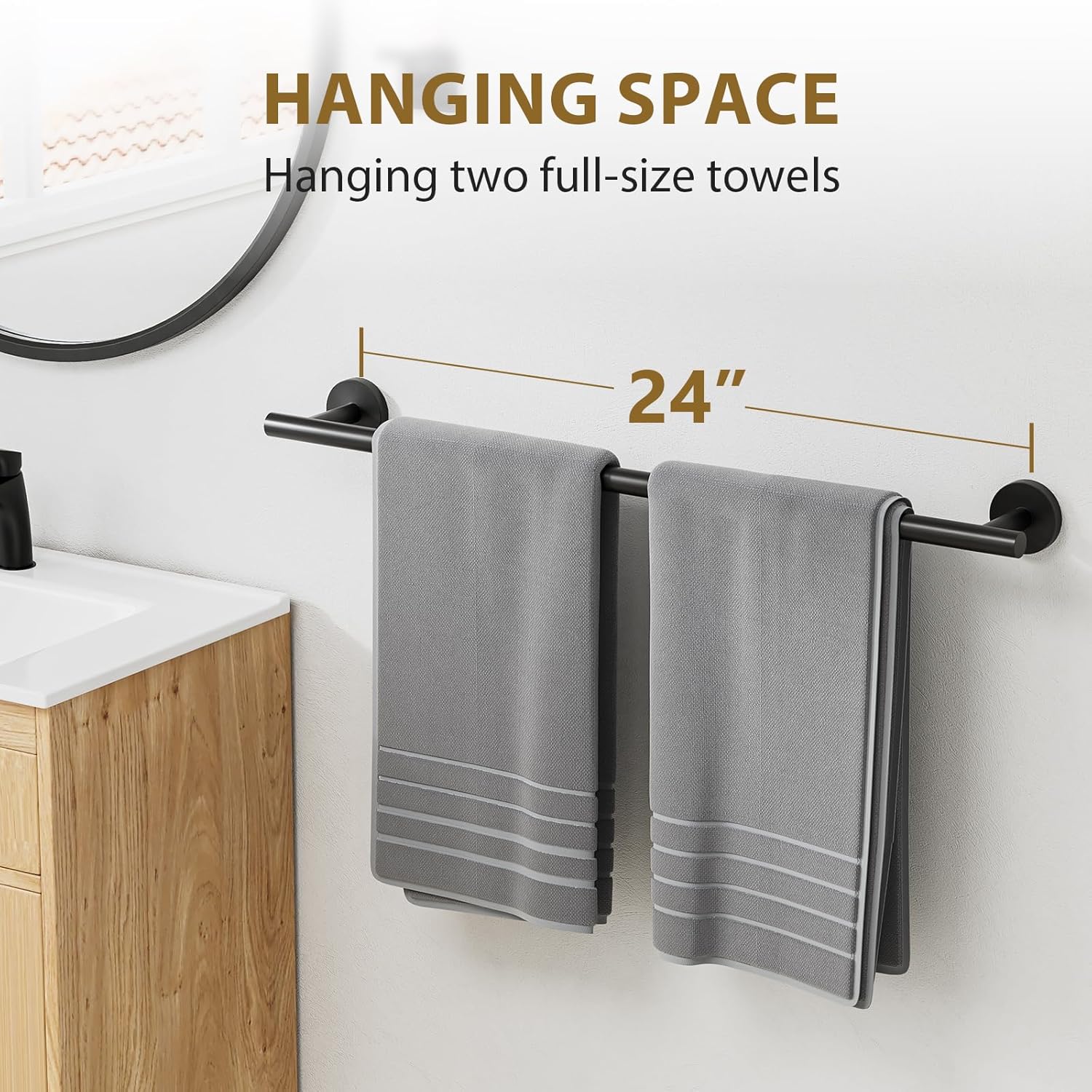 Matte Black Towel Rack 24 Hanging Stainless Steel Modern Bathroom Decor