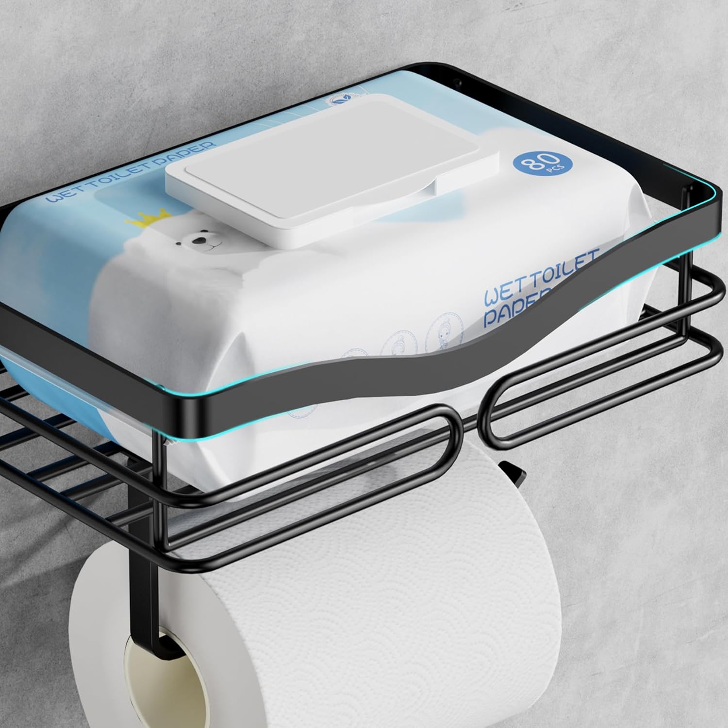 AIDILI Sleek Wall-Mounted Toilet Paper Holder with Storage Black for Modern Bathrooms