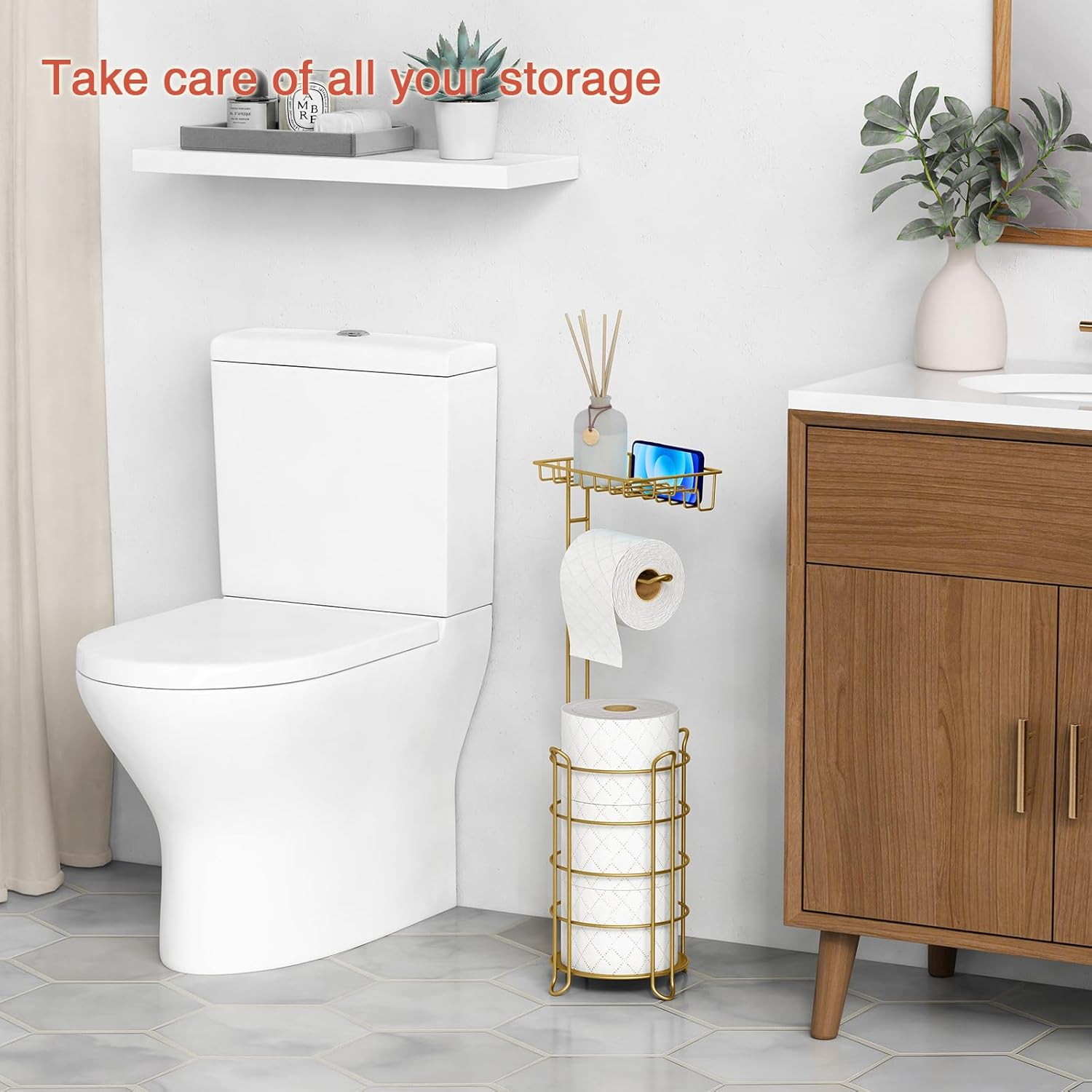 Gold Free Standing Toilet Paper Holder with Storage for Phones and Wipes