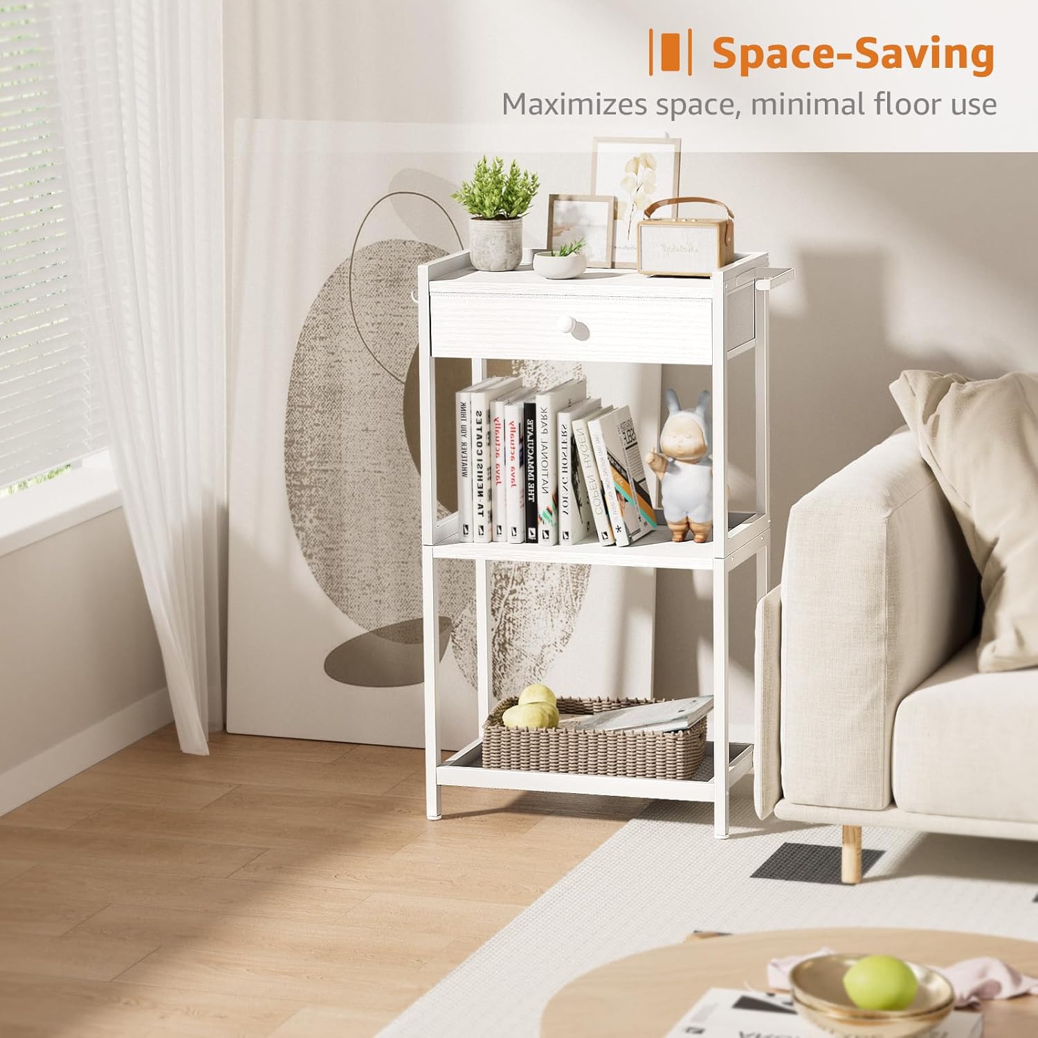 White Bathroom Standing Shelf with Fabric Drawer Compact Storage for Your Washroom