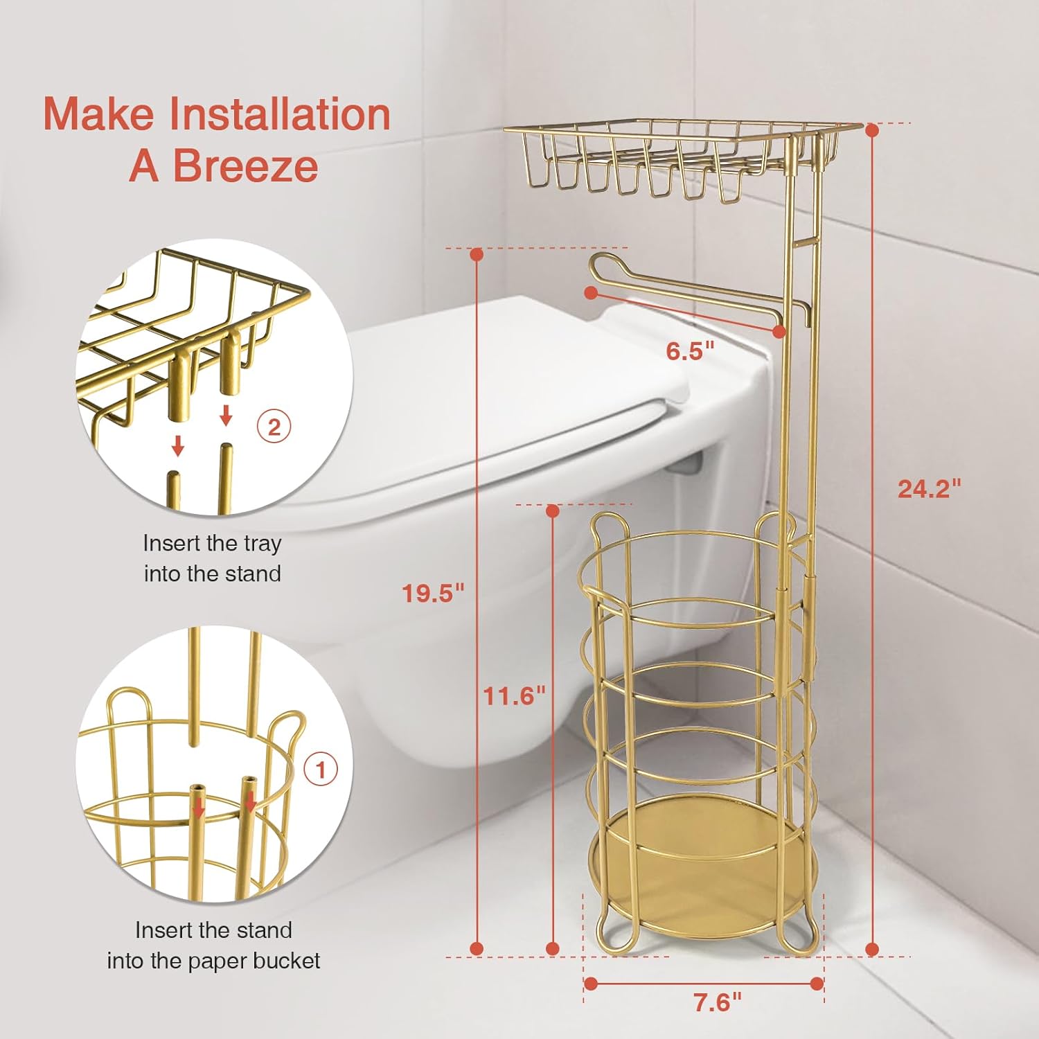 Gold Free Standing Toilet Paper Holder with Storage for Phones and Wipes