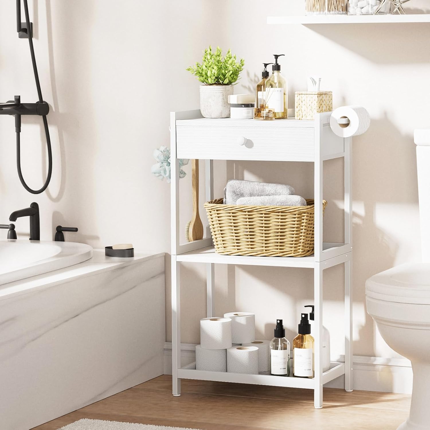 White Bathroom Standing Shelf with Fabric Drawer Compact Storage for Your Washroom