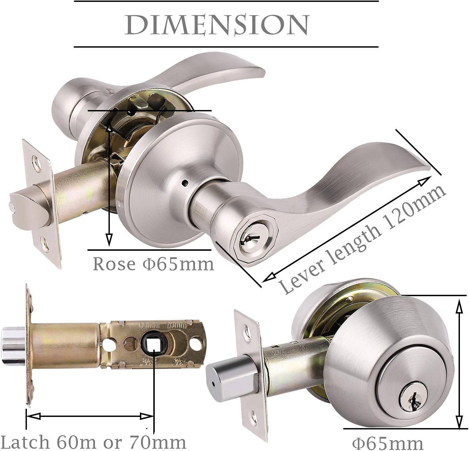 Front Door Door Lever Lock Set Zinc Alloy SATIN Nickel Keyed Entry Easy Install