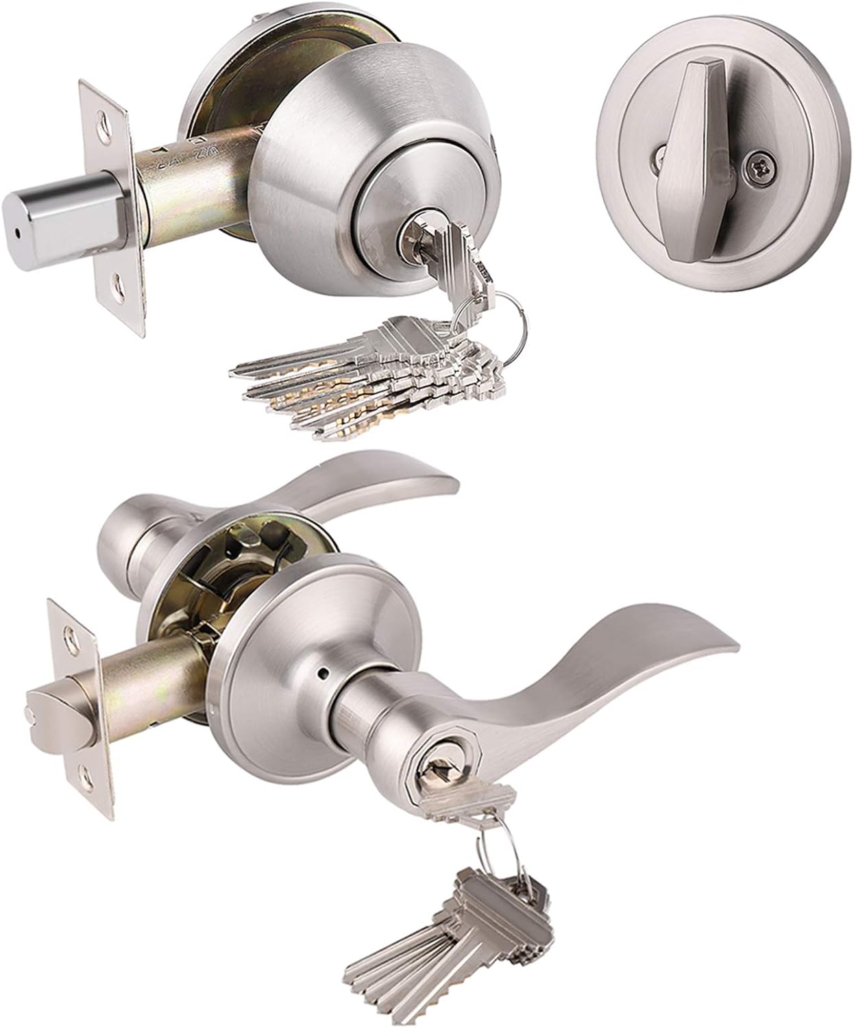 Front Door Door Lever Lock Set Zinc Alloy SATIN Nickel Keyed Entry Easy Install