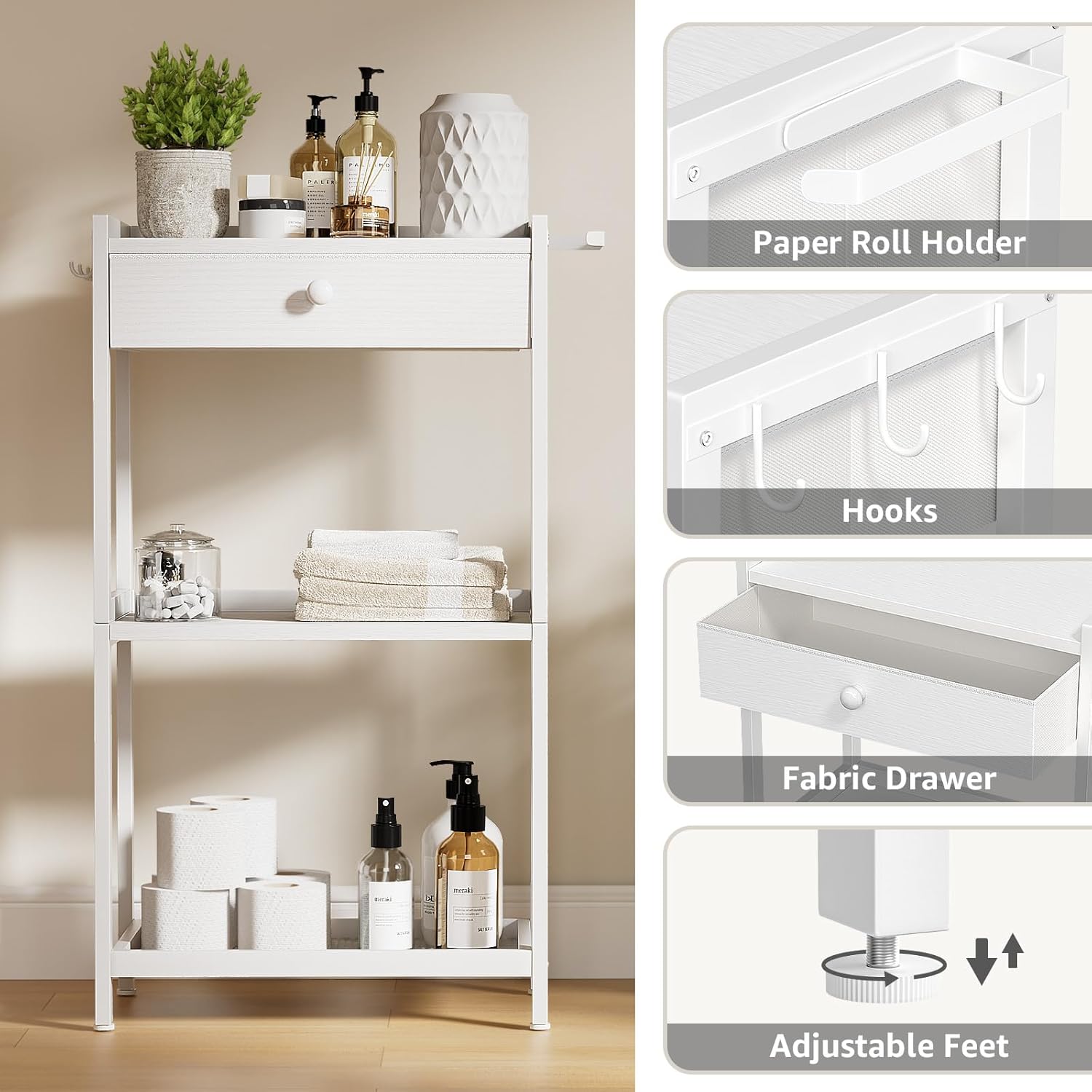 White Bathroom Standing Shelf with Fabric Drawer Compact Storage for Your Washroom