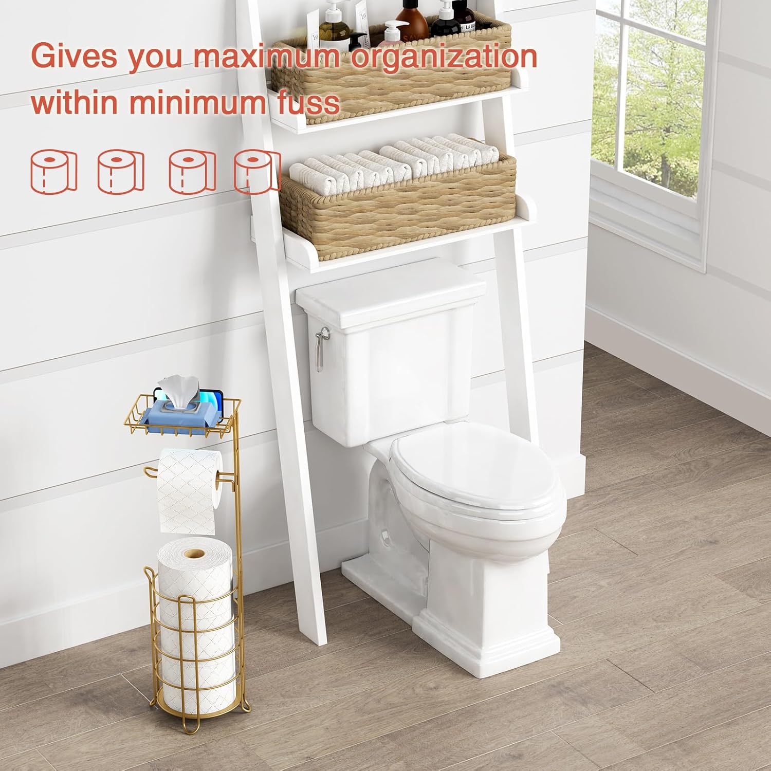 Gold Free Standing Toilet Paper Holder with Storage for Phones and Wipes