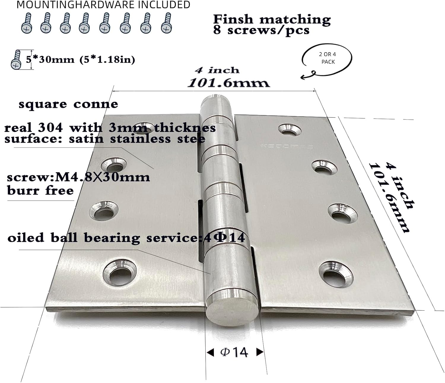 KSDCMRS304 Stainless Steel Door Hinges 2Pack 4 101mmx4 101mm Square Corner Heavy Duty Ball Bearing Hinges Silver