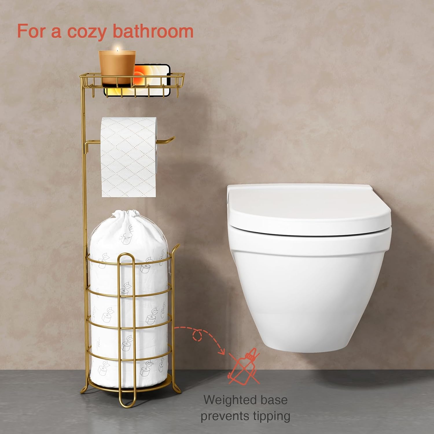 Gold Free Standing Toilet Paper Holder with Storage for Phones and Wipes