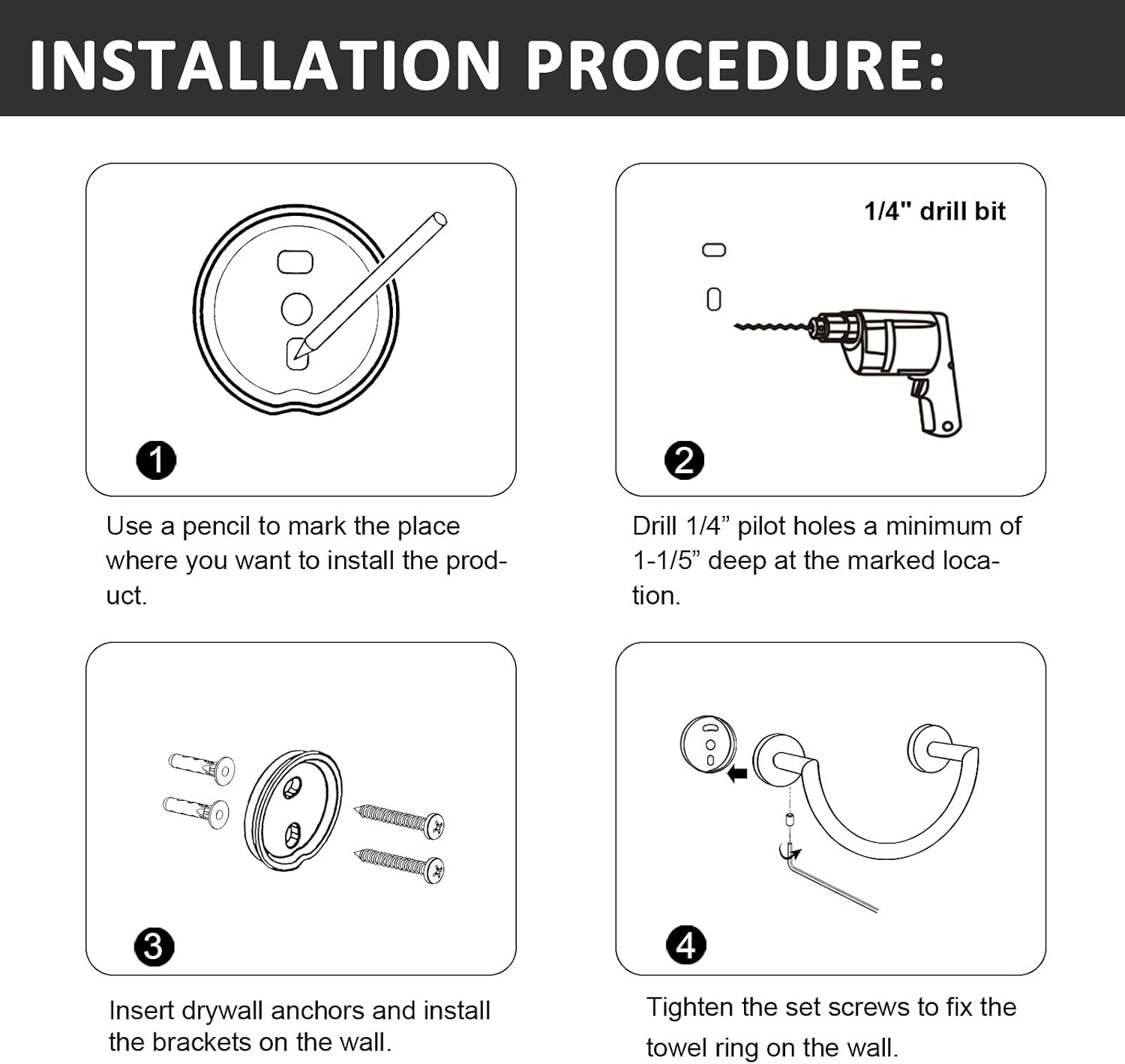 HouseAid - Stainless Steel Towel Holder Modern Bathroom Towel Ring for Hand Face Removal Wall-Mounted Matte Black