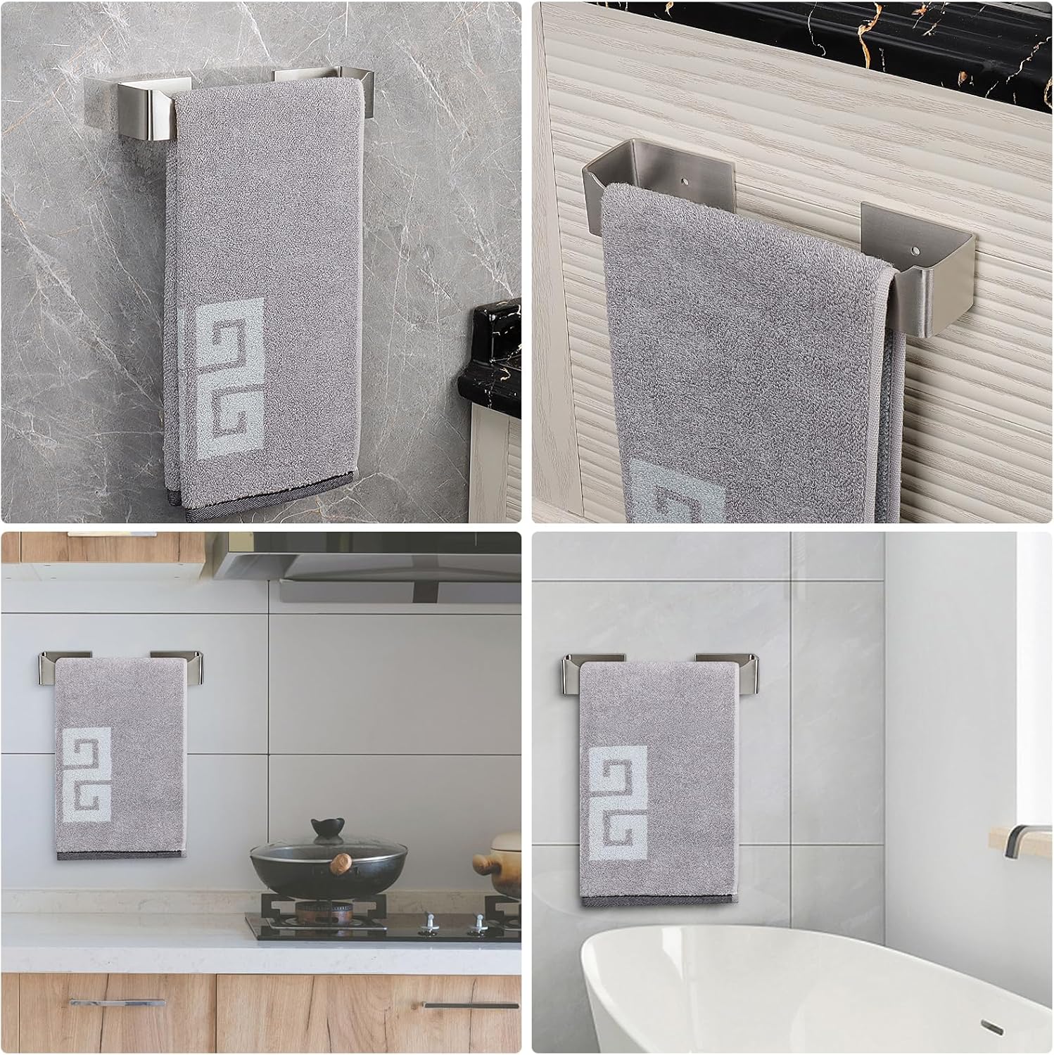 NearMoon Self-Adhesive Hand Towel Holder Stainless Steel Rustproof Stick-On Towel Rack for Bathroom Kitchen
